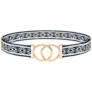 Women elastic waist belt with lace trim and double metal round rings buckle for dress styling.