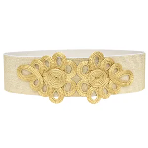 Stunning gold braided Chinese knot buckle detail of the elegant stretch elastic waist belt.