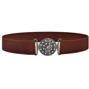 Close-up detail of women brown elastic waist belt with sparkling rhinestone flower buckle.