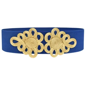 Detailed close-up view of the blue elastic waist belt featuring gold Chinese knot buckle.