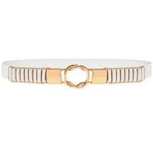 Women elastic waist belt stretch waistband decorative dress belt gold buckle white