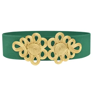 Retro green elastic waist belt with gold Chinese knot decorative buckle detail view