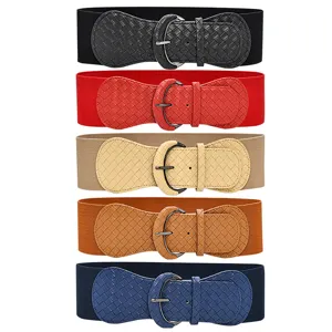 Women Wide Elastic Cinch Belt Faux Leather Woven Pattern Dress Belt Retro Waist Band Fashion Accessories Daily Wear