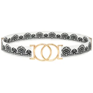 Detail view of the women's elastic waist belt with black lace pattern and gold ring buckle.
