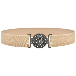 Beige elastic waist belt detail showcasing the exquisite rhinestone round floral metal buckle.