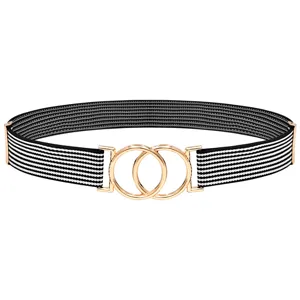 Women elastic waist belt black white striped with gold double ring buckle dress cinch band