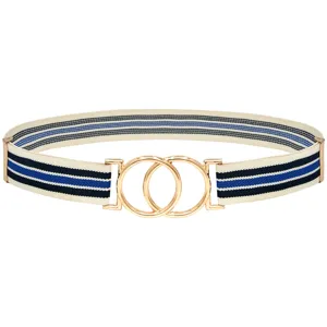 Women stretch elastic waist belt with stylish gold double ring metal buckle for dress.