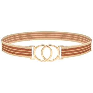 Women elastic dress belt detail showing the stylish gold double ring buckle and striped band.