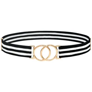 Close-up detail of the stylish black and white elastic belt with gold double-ring buckle.