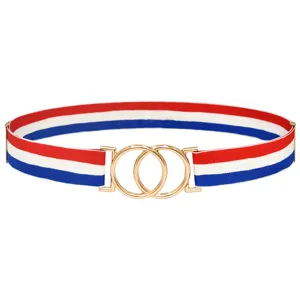 Women elastic waist belt with gold double-ring buckle, red white blue striped design.