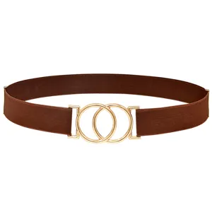 Closeup of womens brown elastic waist belt featuring gold double round rings buckle design.