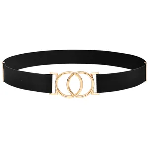 Women elastic belt detail view, featuring a stylish double metal ring buckle in black.