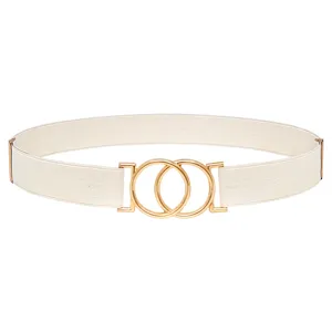 Women elastic waist belt with gold round double ring buckle fashion dress accessory detail