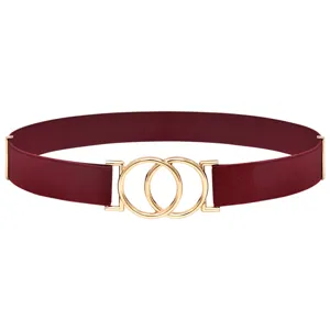 Women elastic waist belt featuring gold double ring buckle, stylish dress accessory.