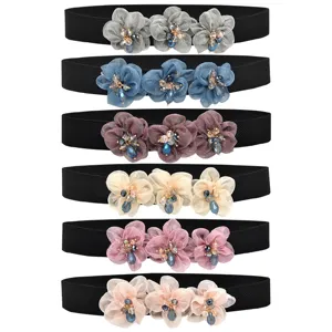 Women Fashion Rhinestone Faux Leather Waist Belt Versatile Elastic Wide Belt Sweet Floral Dress Accessories