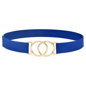 Blue elastic waist belt detail, gold interlocking double ring buckle for dresses and coats.