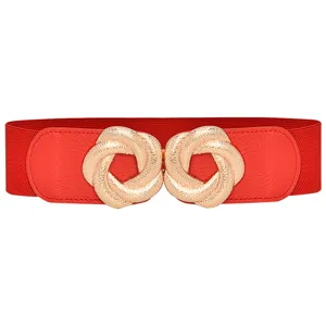 Cintura elastica rossa donna con fibbia in metallo dorato per vestito cappotto chic