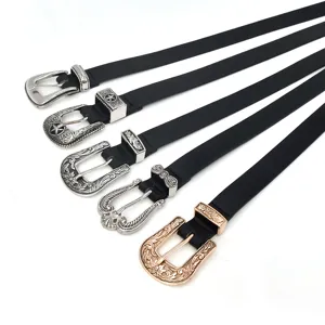 Women vintage pin buckle belt set, stylish black leather jeans decorative strap detail.