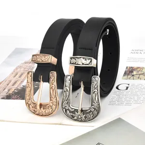 Classic women's retro pin buckle belt set, stylish black PU leather jeans belt accessories.