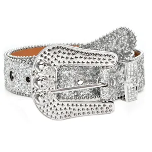 Rhinestone belt for women, sparkly crystal studded wide belt with skull buckle, fashion Y2K jeans belt