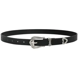 Women's vintage black leather belt with ornate silver metal pin buckle and detail.