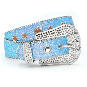 Women fashion rhinestone belt sparkling blue glitter wide waist strap with skull metal buckle