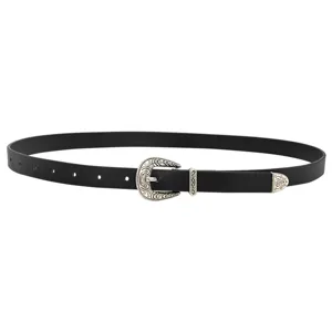 Womens vintage black leather belt with silver engraved metal buckle, stylish detail shot.