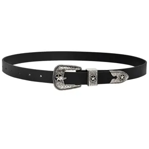 Women vintage western pin buckle belt retro star engraved black leather fashion waist accessory