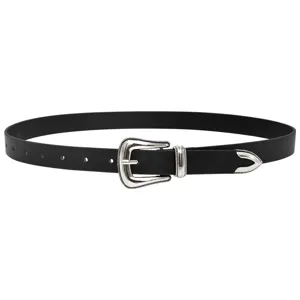 Women's vintage black leather belt with silver western buckle for jeans and daily wear.