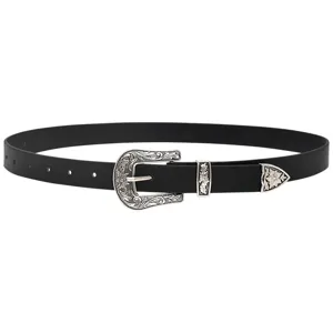 Detailed view of the women's retro black leather belt with silver floral engraved metal buckle.