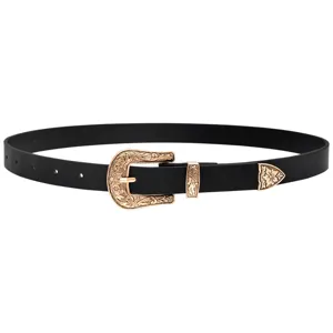 Classic women vintage black leather belt with ornate gold floral metal buckle and tips detail