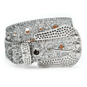 Women rhinestone crystal belt sparkly silver wide waist belt with skull buckle for jeans fashion