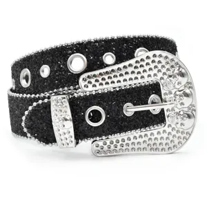 Black rhinestone crystal wide belt Y2K sparkling sequin waist belt with skull buckle