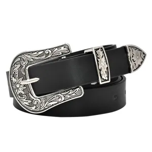 Classic women retro black leather belt with ornate silver engraved pin buckle jeans accessory