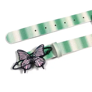 Close-up detail of the Y2K green gradient knitted texture belt with pink butterfly buckle.