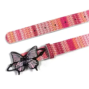 Pink tweed style Y2K women belt with unique black butterfly buckle for jeans and dresses.