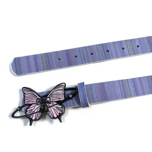 Close-up of the Y2K style purple striped belt featuring a pink enamel butterfly buckle detail.
