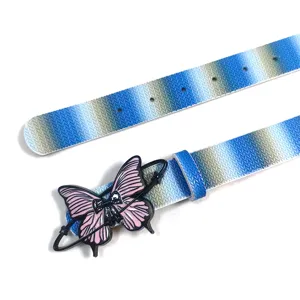 Y2K style women's belt featuring a pink butterfly buckle and blue gradient knitted strap.