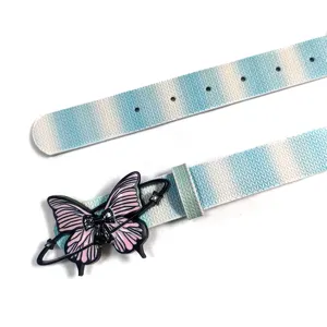 Y2K butterfly belt for women, blue knit pattern strap with pink drip glue buckle stylish.