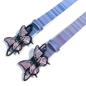 Y2K fashion blue denim texture strap belt with cute pink black enamel butterfly metal buckle