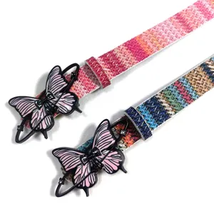 Y2K woven belt detail view, colorful tweed strap with butterfly metal buckle for women.