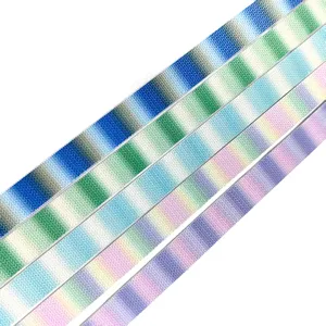 colorful gradient knitted belt webbing detail view, premium fashion accessory fabric strip