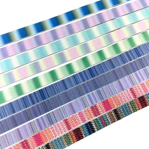Detailed view showing colorful gradient woven strap webbing belt accessories, Y2K fashion style.