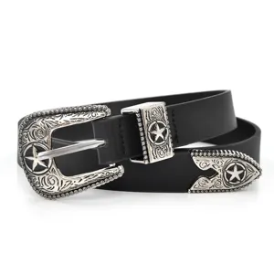 Classic women retro black leather belt with ornate silver star buckle and vintage metal tips.