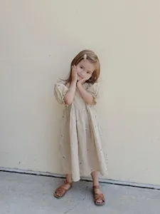 Girls Pure Cotton Embroidered Princess Dress Short Puff Sleeve Square Neck Casual Beach Party Sweet Toddler Outfit