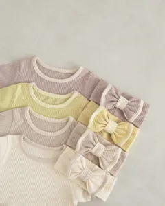 Infant baby cotton ribbed short sleeve romper bodysuit with cute headband set for summer.