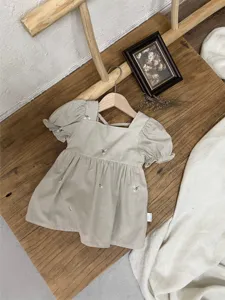 Baby girl short sleeve cotton embroidered dress, cute puff sleeve casual summer dress.