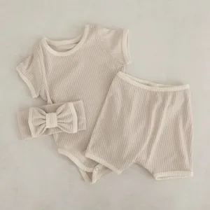 Cotton ribbed baby romper shorts set detail, contrast binding short sleeve clothing.