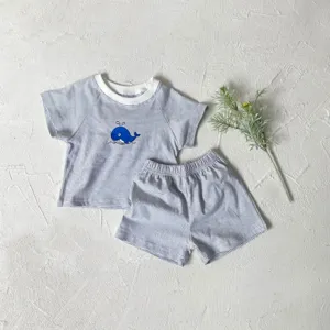 Baby summer striped short-sleeve t-shirt and shorts set with cute whale print, lightweight.