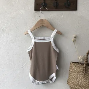 Baby summer strap romper, cute contrast color infant bodysuit, comfortable cotton baby clothing.